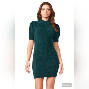 Adelyn Rae Green Fuzzy knit mini dress Retro Bodycon High Neck 3/4 sleeve.